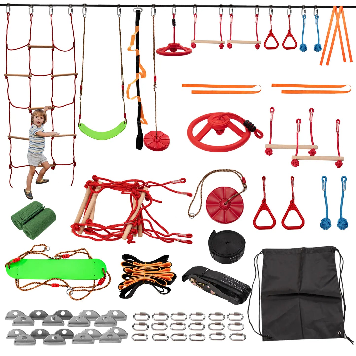 MOPHOTO Ninja Obstacle Course for Kids Backyard, 8 Durable Obstacles and 50' Slackline, Outdoor Warrior Obstacle Playset Equipment for Girls & Boys with Swing, Climbing Net, Ladder & Monkey Bars
