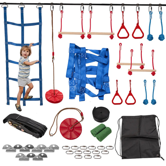 MOPHOTO Ninja Obstacle Course for Kids Backyard, 8 Durable Obstacles and 50' Slackline, Outdoor Warrior Obstacle Playset Equipment for Girls & Boys with Swing, Climbing Net, Ladder & Monkey Bars