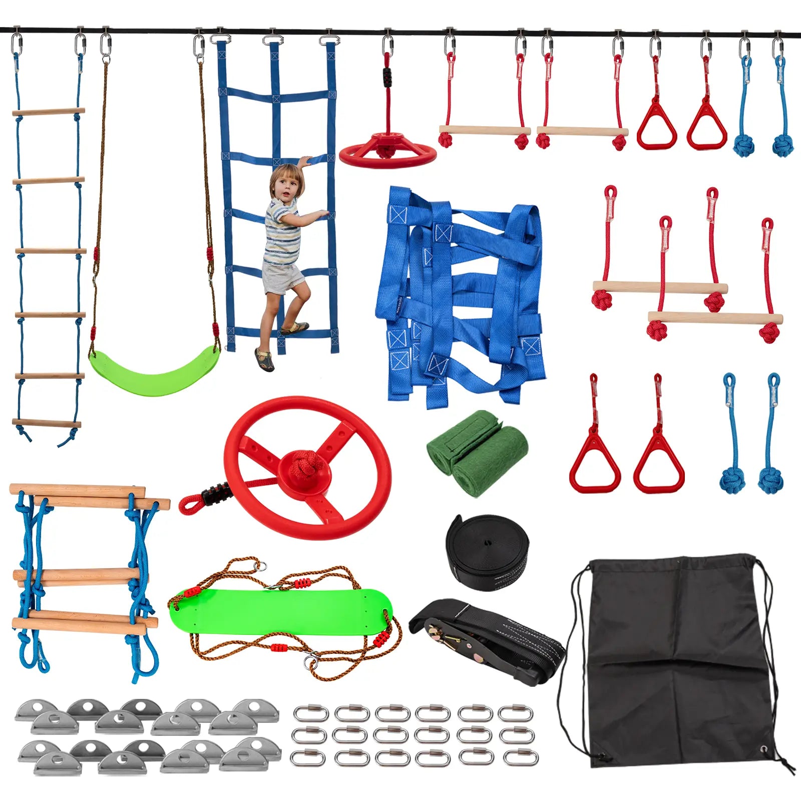 MOPHOTO Ninja Obstacle Course for Kids Backyard, 8 Durable Obstacles and 50' Slackline, Outdoor Warrior Obstacle Playset Equipment for Girls & Boys with Swing, Climbing Net, Ladder & Monkey Bars