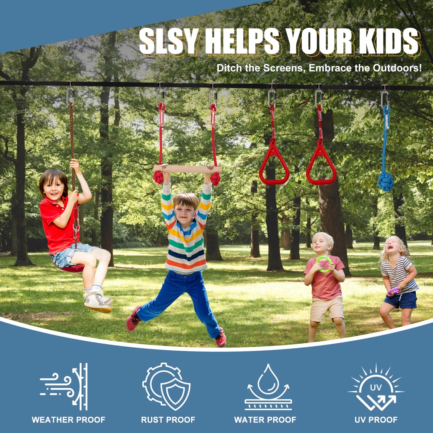 MOPHOTO Ninja Obstacle Course for Kids Backyard, 8 Durable Obstacles and 50' Slackline, Outdoor Warrior Obstacle Playset Equipment for Girls & Boys with Swing, Climbing Net, Ladder & Monkey Bars